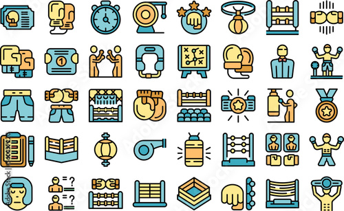 Boxing tournament icons set outline vector. Battle academy. Agression champion color flat