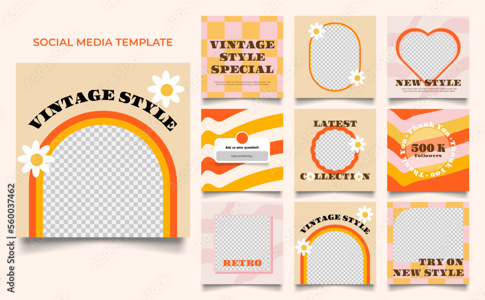 social media template banner fashion sale promotion in vintage yellow orange color. fully editable instagram and facebook square post frame puzzle organic sale poster. - obrazy, fototapety, plakaty 