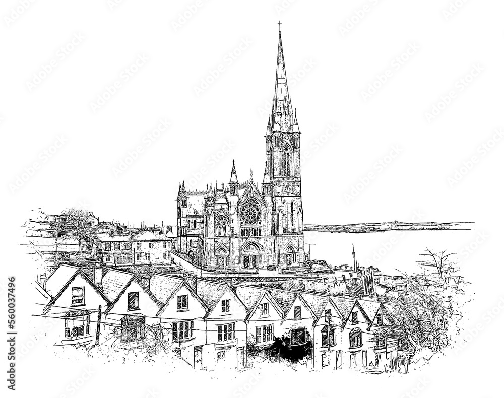 Naklejka premium Street in Cobh and the cathedral of St. Colman, Ireland, ink sketch illustration.