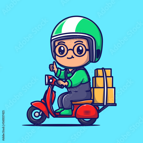 Cute Courier Delivery Package Cartoon Vector Icon Illustration. People Transportation Icon Concept Isolated Premium Vector. Flat Cartoon Style