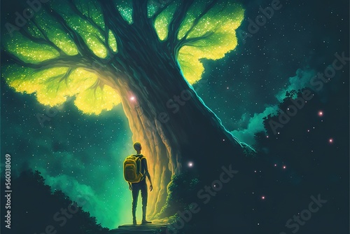 The traveler is standing near a large tree, digital art