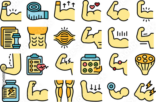 Muscle icons set outline vector. Fiber tissue. Muscular body color flat