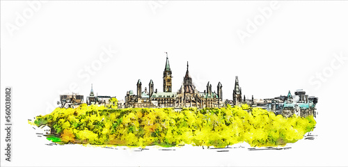 Parliament Hill, Ottawa, Ontario, Canada, color pencil style sketch illustration. photo