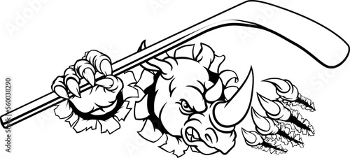 Photography A rhino ice hockey player animal sports mascot holding a hockey stick