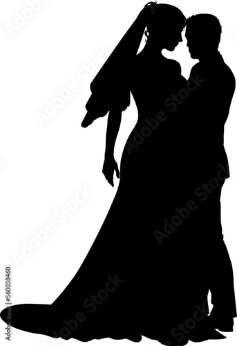 Bride and groom couple silhouettes. Woman in a bridal wedding dress