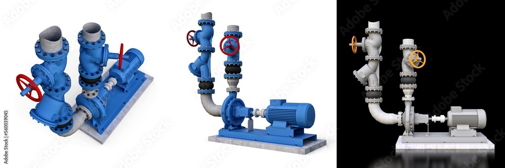 3D model of an industrial pump and pipe section with shut off valves on a white isolated background. 3d illustration.