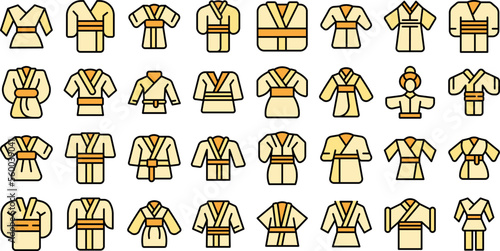 Kimono icons set outline vector. Asian japanese. Geisha woman color flat