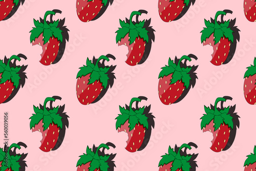 Seamless pattern with cartoon strawberry on red background in cut out paper style. Cute wallpaper and bed linen print for children room.