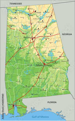 High detailed Alabama physical map with labeling.