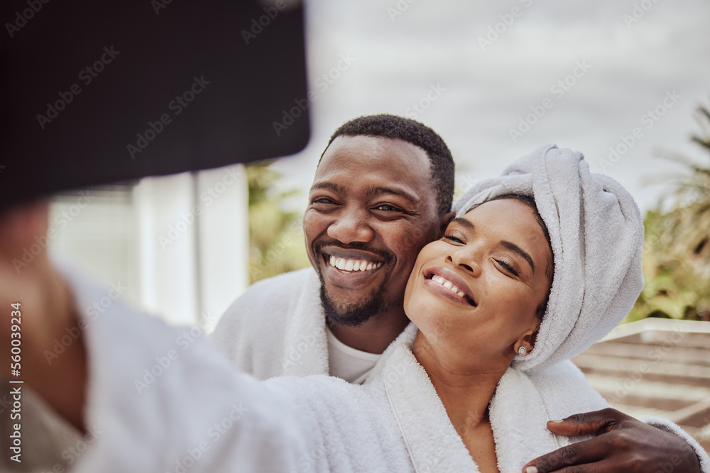 Happy, morning and black couple phone selfie moment with cheerful smile at hotel in South Africa. Wellness, relax and love of people bonding together with mobile photograph for social media. - obrazy, fototapety, plakaty 