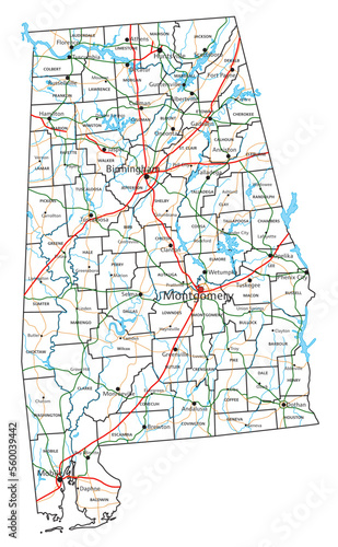 Alabama road and highway map. Vector illustration.