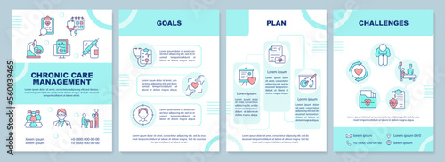 Chronic care management turquoise brochure template. Leaflet design with linear icons. Editable 4 vector layouts for presentation, annual reports. Arial-Black, Myriad Pro-Regular fonts used