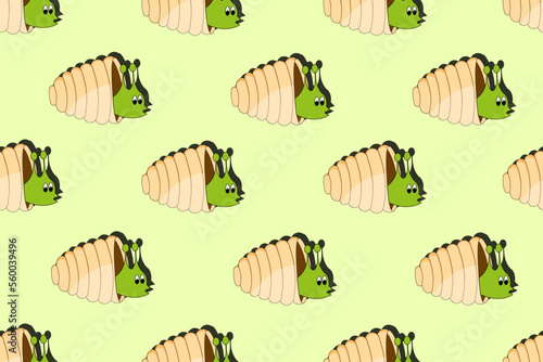 Seamless pattern with cute cartoon snail in a shell on green background in cut out paper style. Animal wallpaper and bed linen print for children room. 