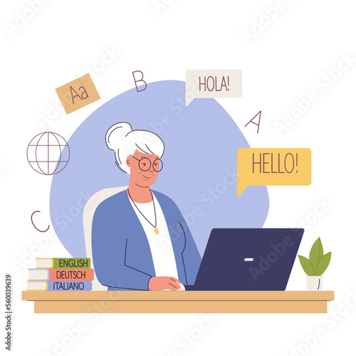 Senior woman studying foreign language online. Old woman sitting on chair and studies computer. Online study. Vector illustration isolated on white background