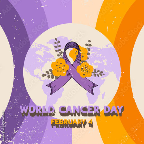 A vector illustartion dedicated to World Cancer Day on 4th of February in retro style. The illustration is made in lavender and orange colors 
