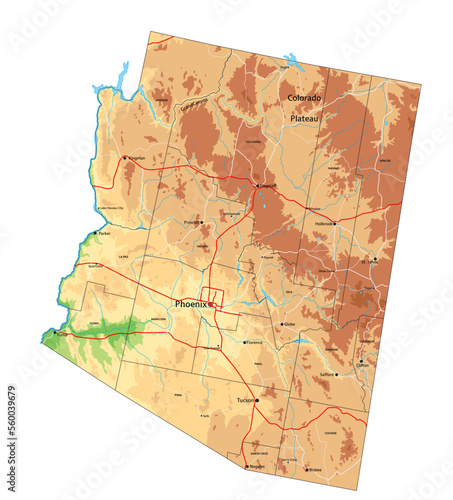 High detailed Arizona physical map.