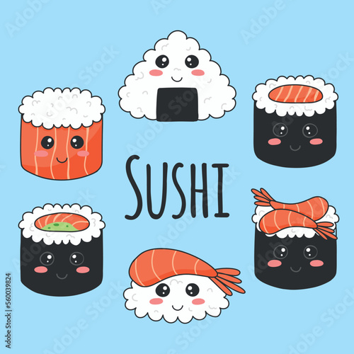 Cute sushi in kawaii style. Vector illustration. Asian food. Salmon sushi, onigiri and shrimp sushi. Sushi characters.
