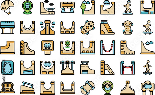 Skating park icons set outline vector. Skate boy. Girl stunt color flat