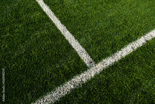 White lines at football pitch with artificial grass.