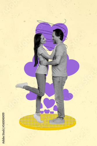Vertical collage image of two lovely black white colors people embrace look each other drawing hearts isolated on painted background