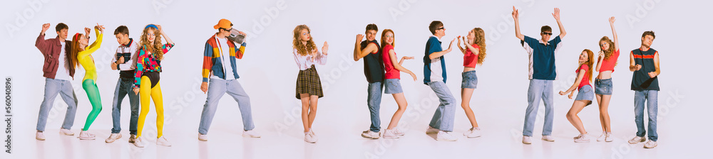 Group of young, cheerful people wearing 80s, 90s fashion style