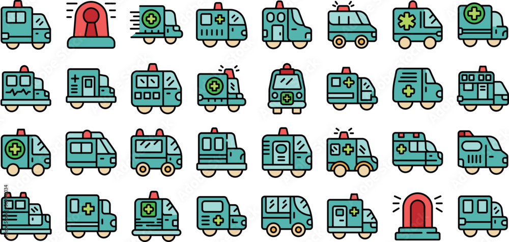 Emergency vehicles icons set outline vector. Ambulance transport. Car service color flat Emergency vehicles icons set outline vector. Ambulance transport. Car service color flat