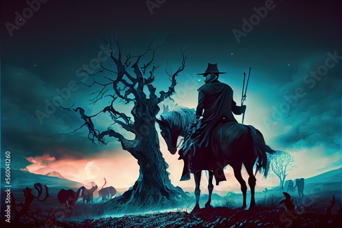 A man on a horse near a creepy tree  horror atmosphere