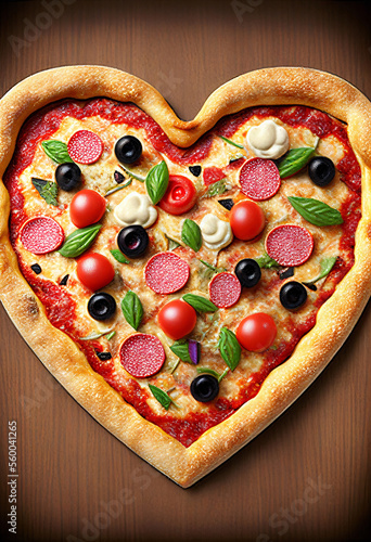 delicious heart shaped pizza with tomatoes, cheese, salami and basil, valentines day promo for italian restaurant, generative ai photo