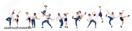Bild auf Leinwand Banner with dynamic portraits of young beautiful couple, man and woman, dancing retro dances isolated over light background