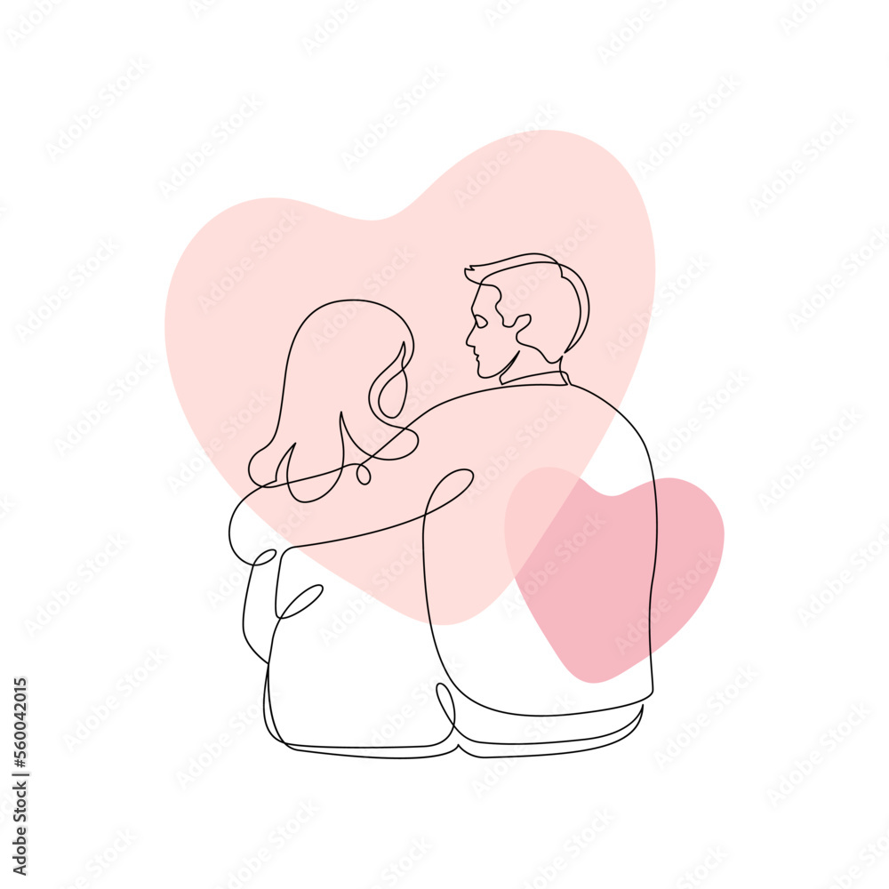 Valentines day holiday, relationships and marriage concept. Vector one line art illustration. Pink splash of heart shape. Man and woman embracing. Design for greeting card and banner. Valentines day holiday, relationships and marriage concept. Vector one line art illustration. Pink splash of heart shape. Man and woman embracing. Design for greeting card and banner.