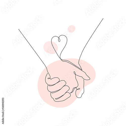 Valentines day holiday, relationships and marriage concept. Vector one line art illustration. Pink splash of heart shape. Holding hands symbol by continous line. Design for greeting card and banner.