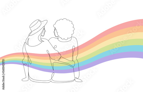 Valentines day holiday, relationships and marriage concept. Vector one line art illustration. Color rainbow lgbt symbol. Couple of girl embracing. Design for greeting card and banner.