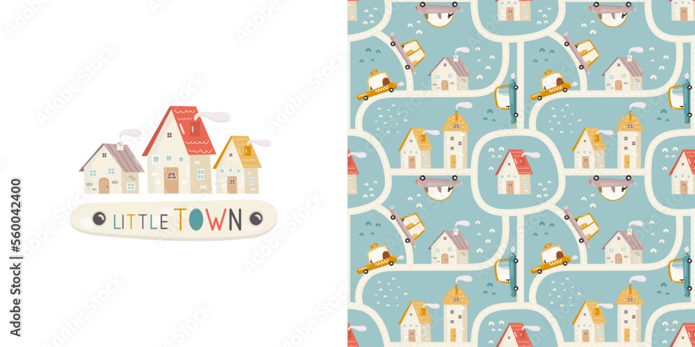 Little Town Print Card and Seamless Pattern for Kids Fabric, Textile, Wrapping Paper, Nursery Design. Vector Set with Cartoon City Map, Houses and Cars