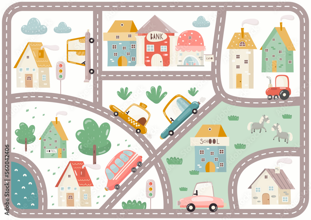 Play Mat for Kids. Cityscape with Cartoon Houses, Cars, Buildings School, Bank, Hotel, Cafe. Map with City Road. Vector Illustration