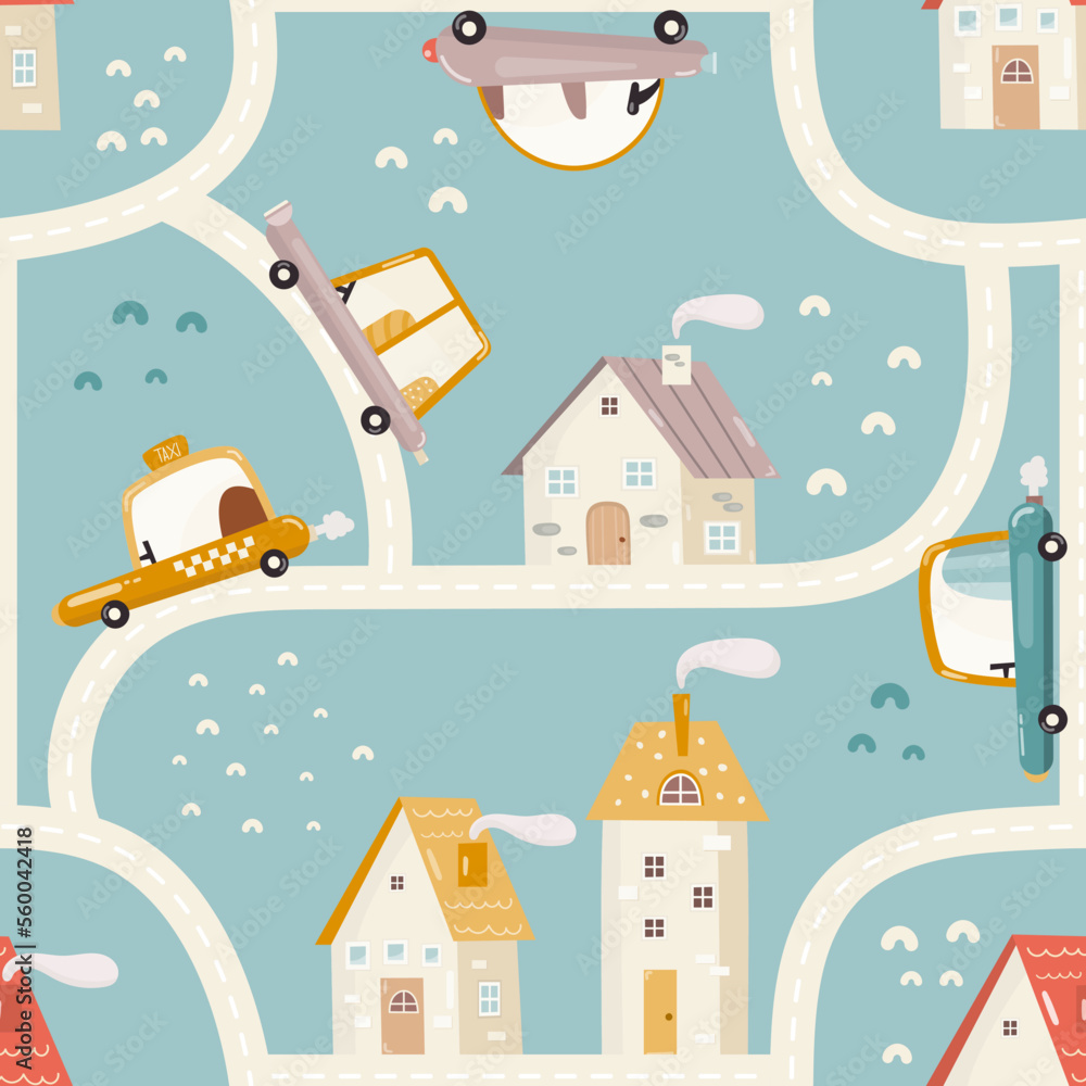 Little Town Kids Seamless Pattern with Cartoon Houses, Roads and Cars. Vector Illustration. Cute City Map Background for Kids Fabric, Textile, Wrapping Paper, Nursery Design