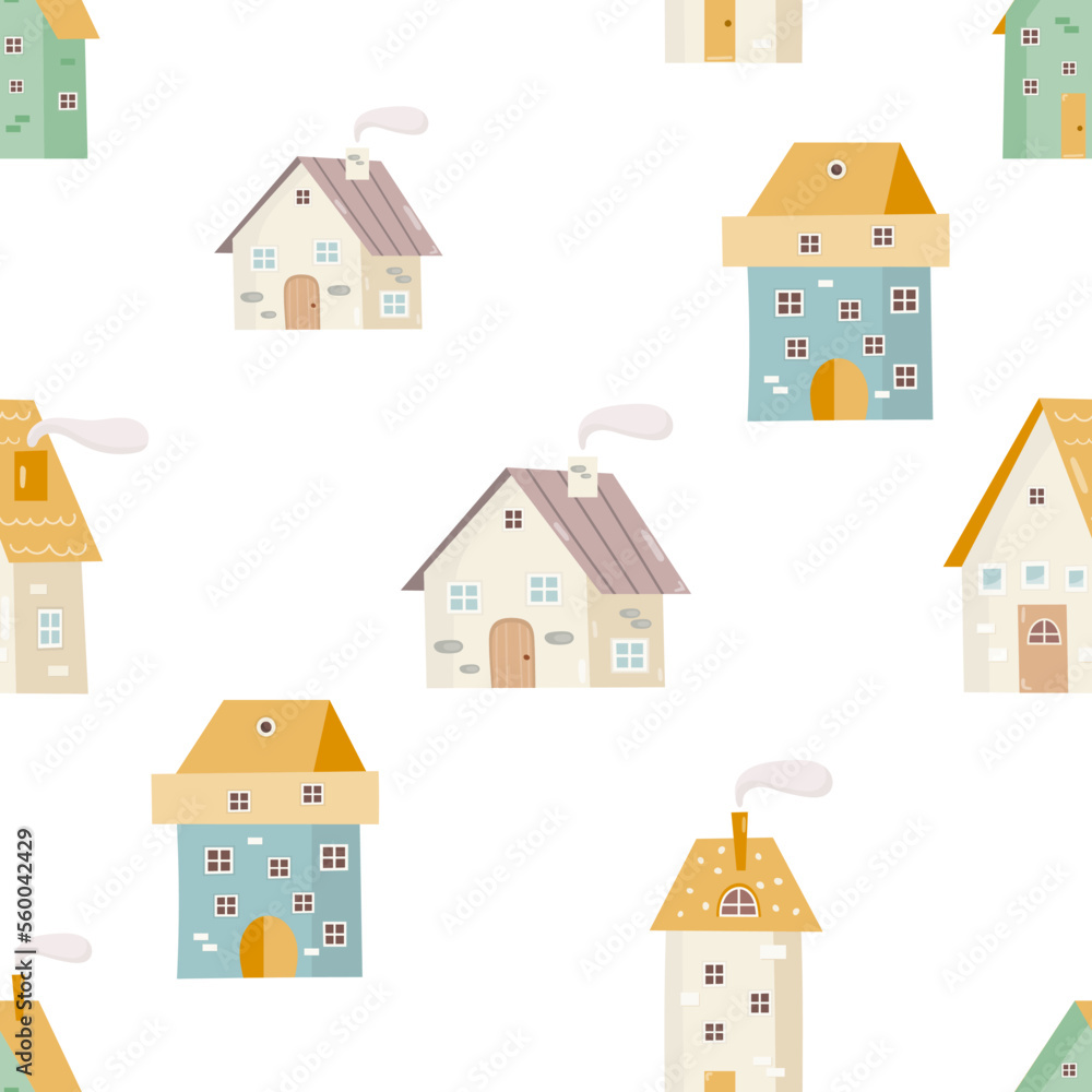 Little Town Kids Seamless Pattern with Cartoon Houses. Vector Illustration. Cute Village Background for Kids Fabric, Textile, Wrapping Paper, Nursery Design