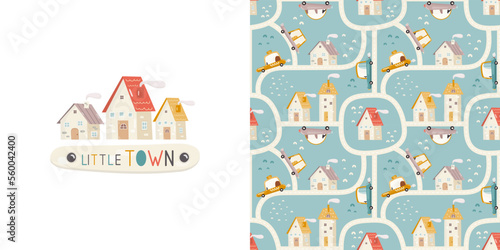 Little Town Print Card and Seamless Pattern for Kids Fabric  Textile  Wrapping Paper  Nursery Design. Vector Set with Cartoon City Map  Houses and Cars