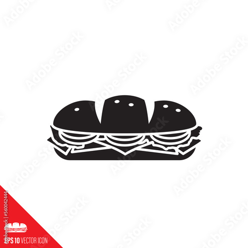 Hoagie, sub or sandwich with lettuce,. tomato and cheese vector glyph icon