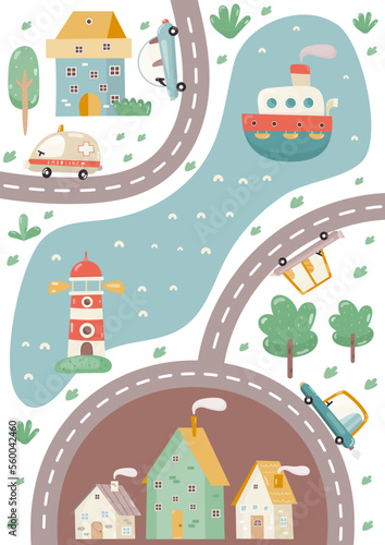Little Town Nursery Wall Art Cute Poster with Cartoon Houses and Car. Vector City Map for Baby Room, Shower Card, Kids T-shirt