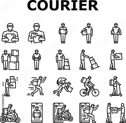 courier delivery service shipping icons set vector. order package, transport box, fast business online, express transportation, logistic courier delivery service shipping black contour illustrations