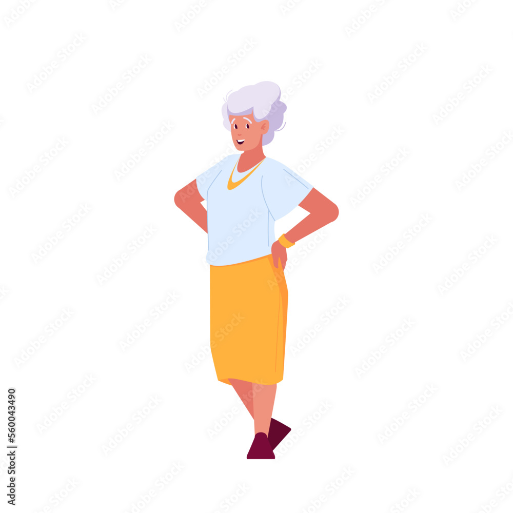 Single Senior Female Character Wear Blouse and Skirt Isolated on White Background. Mature Positive Grandmother Single Senior Female Character Wear Blouse and Skirt Isolated on White Background. Mature Positive Grandmother