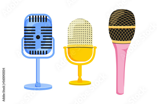 Sets of microphones of different sizes and styles. Sound. Audio. Record. Retro and modern instrument. Podcast. Broadcasting. Isolated