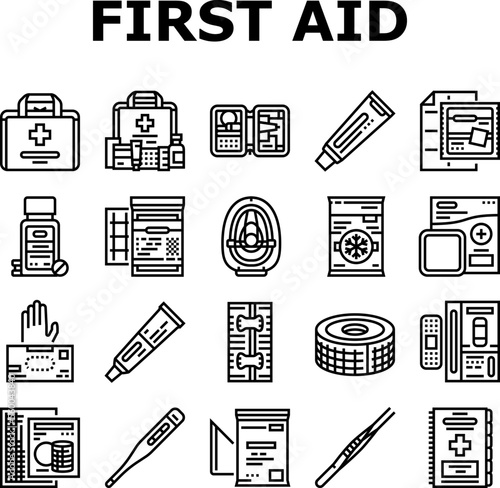 first aid emergency medical icons set vector. medicine hospital, doctor health, care help, cross kit, treatment box, safety first aid emergency medical black contour illustrations