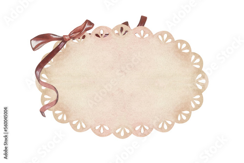 Oval beige lace doily with red bow. Place for inscription or text. Watercolor illustration. Isolated on a white background. For design of stickers, greeting cards, wedding invitation, scrapbooking