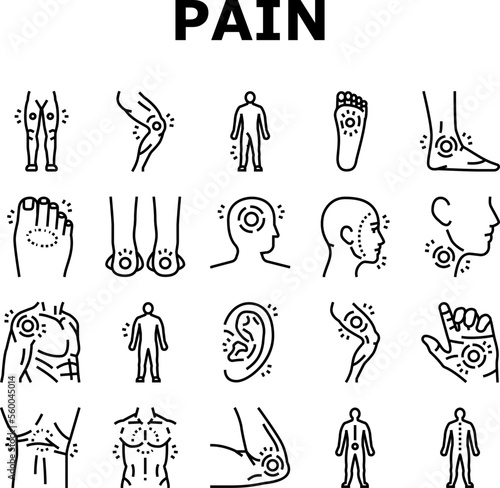 pain body ache health back icons set vector. neck medical, joint leg, injury medicine, human knee, hurt muscle, painful disease pain body ache health back black contour illustrations