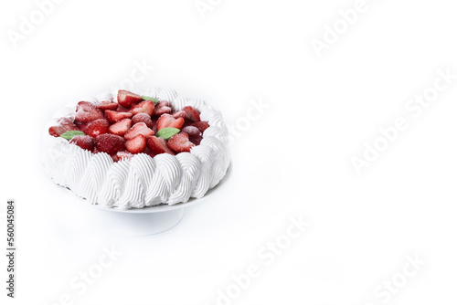 Strawberry cake with cream isolated on white background. Copy space