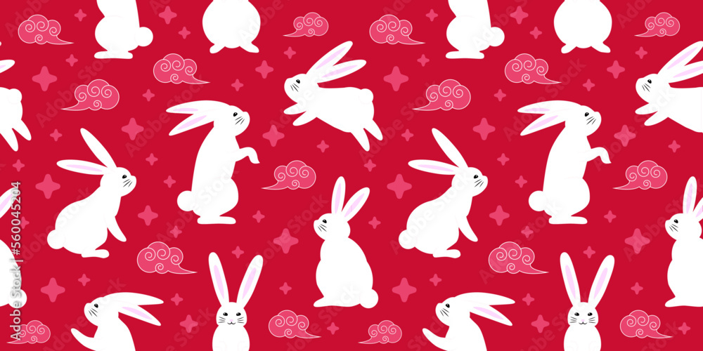 Seamless red pattern with zodiacal rabbits in the sky, seamless pattern ...