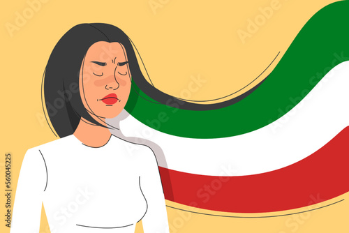 Woman, life, freedom web banner. Protest in Iran, fighting for women rights. Iraninan flag in the background.
