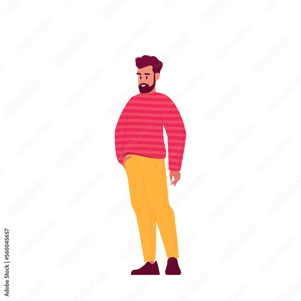 Stylish Man Stand in Self-Confident Posture. Male Character Wear Casual Clothes with Arm in Pocket Isolated on White Stylish Man Stand in Self-Confident Posture. Male Character Wear Casual Clothes with Arm in Pocket Isolated on White