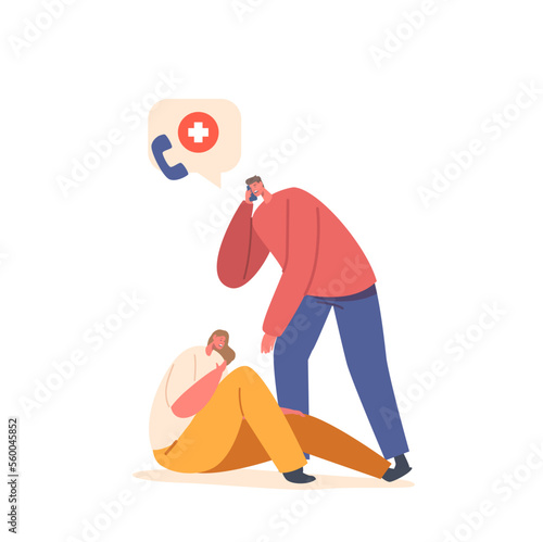 First Aid Concept. Passerby Male Character Calling to Emergency Service cause to Woman Feel Bad on Street Isolated